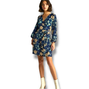 J. Crew Floral Wrap Dress 00, 3/4 Sleeve, V-Neck, Knee-Length/MIDI, Navy, Yellow